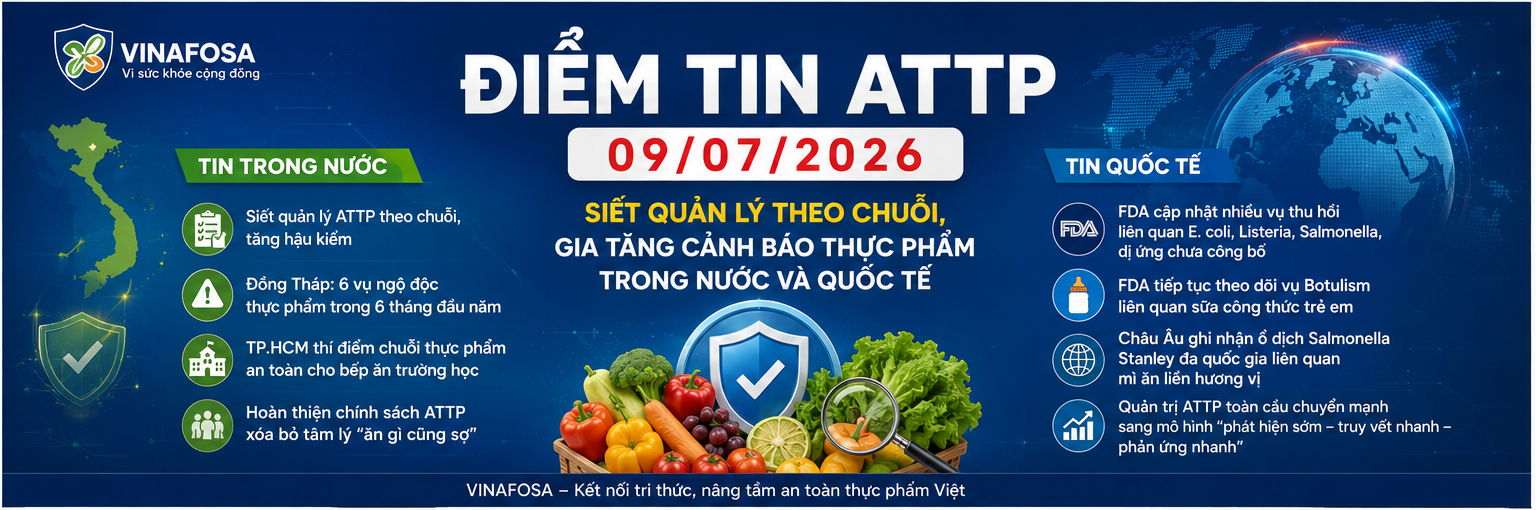 Điểm tin ATTP 09/07/2026 do VINAFOSA tổng hợp, tập trung vào các diễn biến nổi bật trong nước và quốc tế về quản lý an toàn thực phẩm.