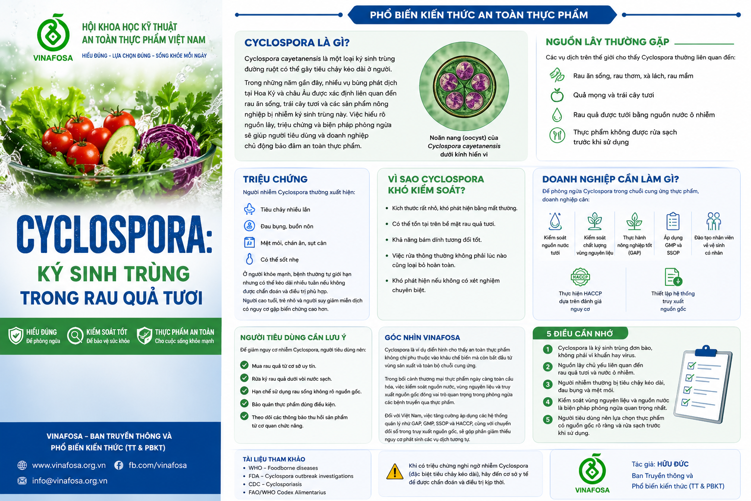Cyclospora cayetanensis là ký sinh trùng gây tiêu chảy liên quan đến rau quả tươi và nước ô nhiễm. VINAFOSA phân tích nguồn lây, triệu chứng và biện pháp phòng ngừa theo góc nhìn khoa học.
