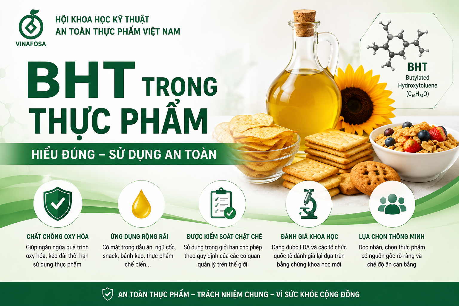 BHT là chất chống oxy hóa được sử dụng trong nhiều loại thực phẩm. VINAFOSA giải thích vai trò, mức độ an toàn và lý do FDA đánh giá lại BHT.
