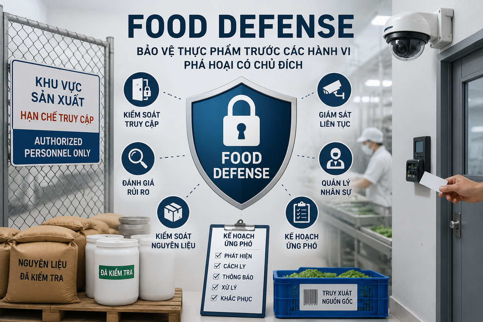 Food Defense là hệ thống bảo vệ thực phẩm khỏi các hành vi phá hoại, đầu độc hoặc can thiệp có chủ đích. Tìm hiểu sự khác biệt giữa Food Defense và Food Safety.