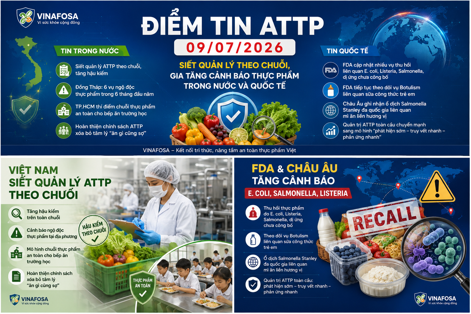 Điểm tin ATTP 09/07/2026 do VINAFOSA tổng hợp, tập trung vào các diễn biến nổi bật trong nước và quốc tế về quản lý an toàn thực phẩm.